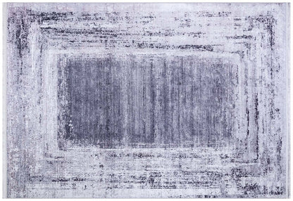Distressed Gray Purple Abstract Area Rug, Washable Boho Carpet, Vintage Framed Design
