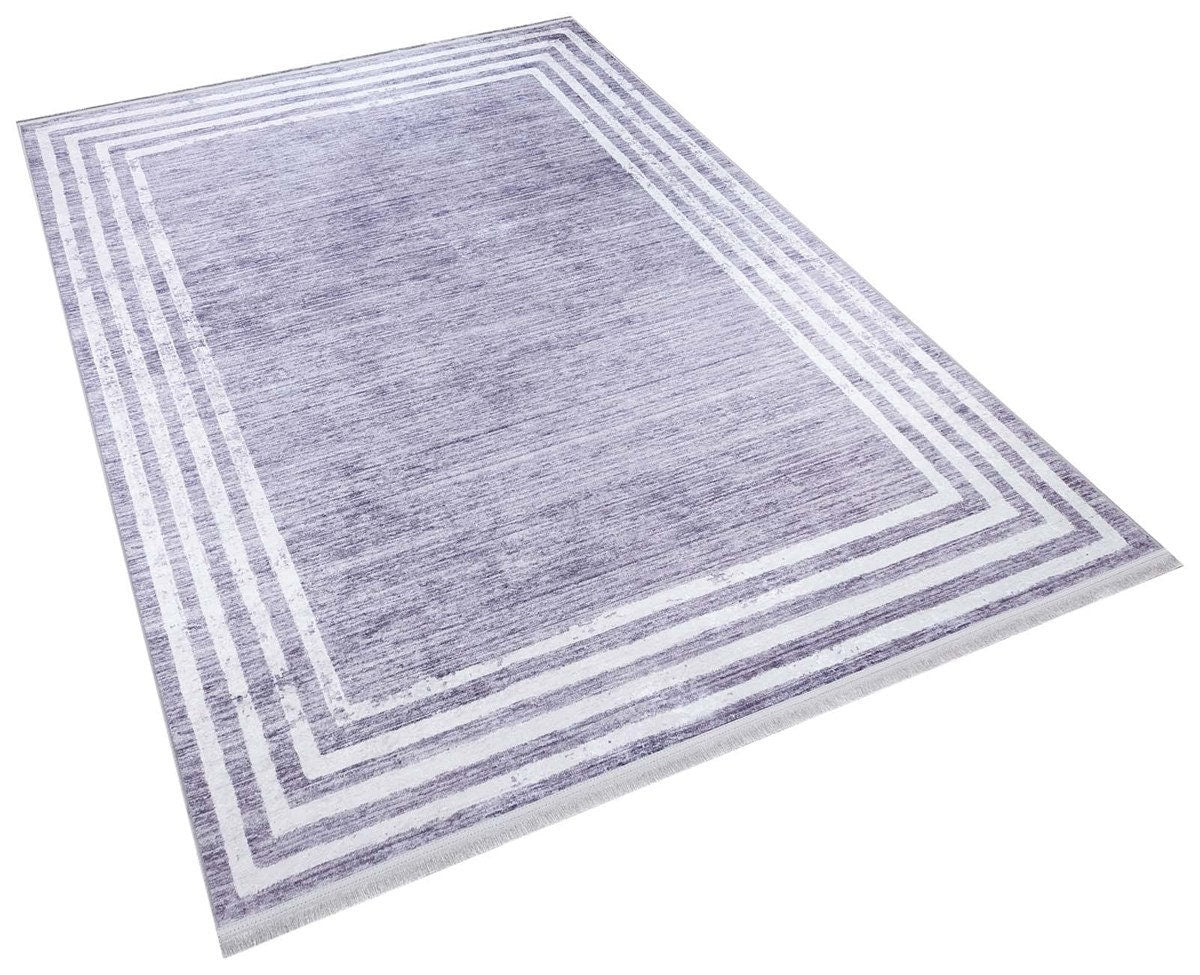 Gray Distressed Border Area Rug, Scandi Style, Machine Washable, Non-Slip