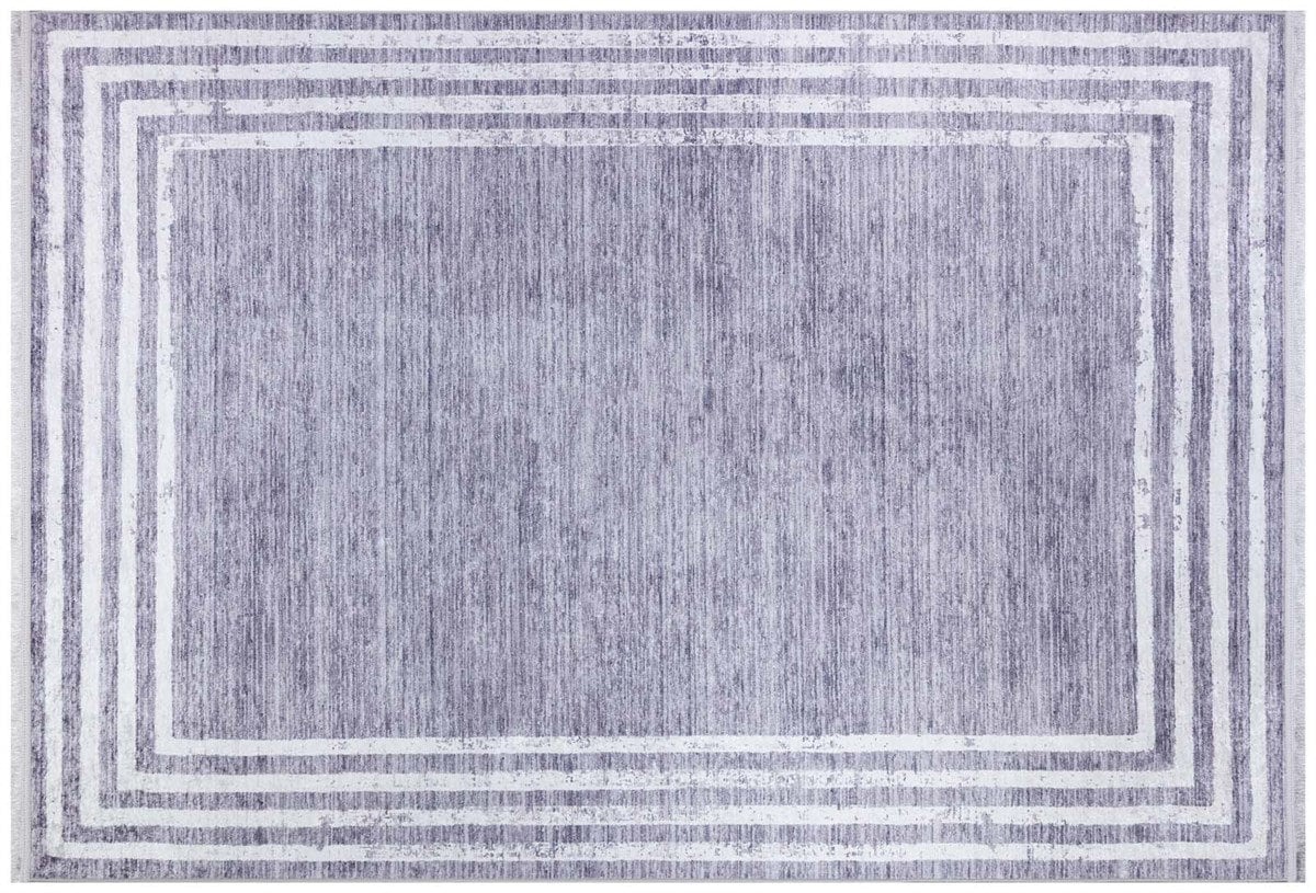 Gray Distressed Border Area Rug, Scandi Style, Machine Washable, Non-Slip