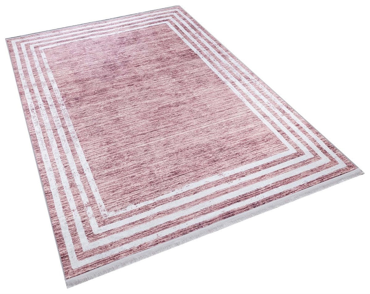 Distressed Rose Pink Bordered Area Rug – Machine Washable Modern Bohemian Carpet