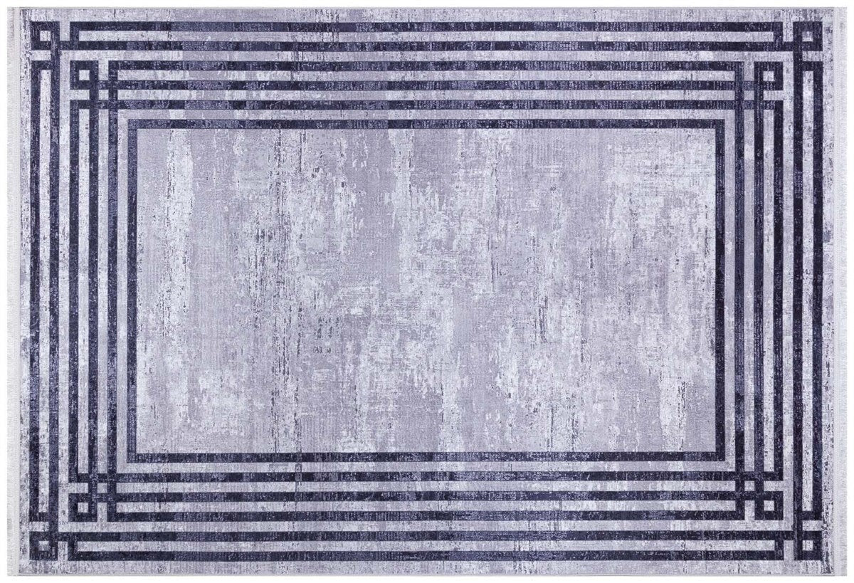 Modern Geometric Area Rug, Grey Black Border Living Room Carpet, Washable Floor Mat