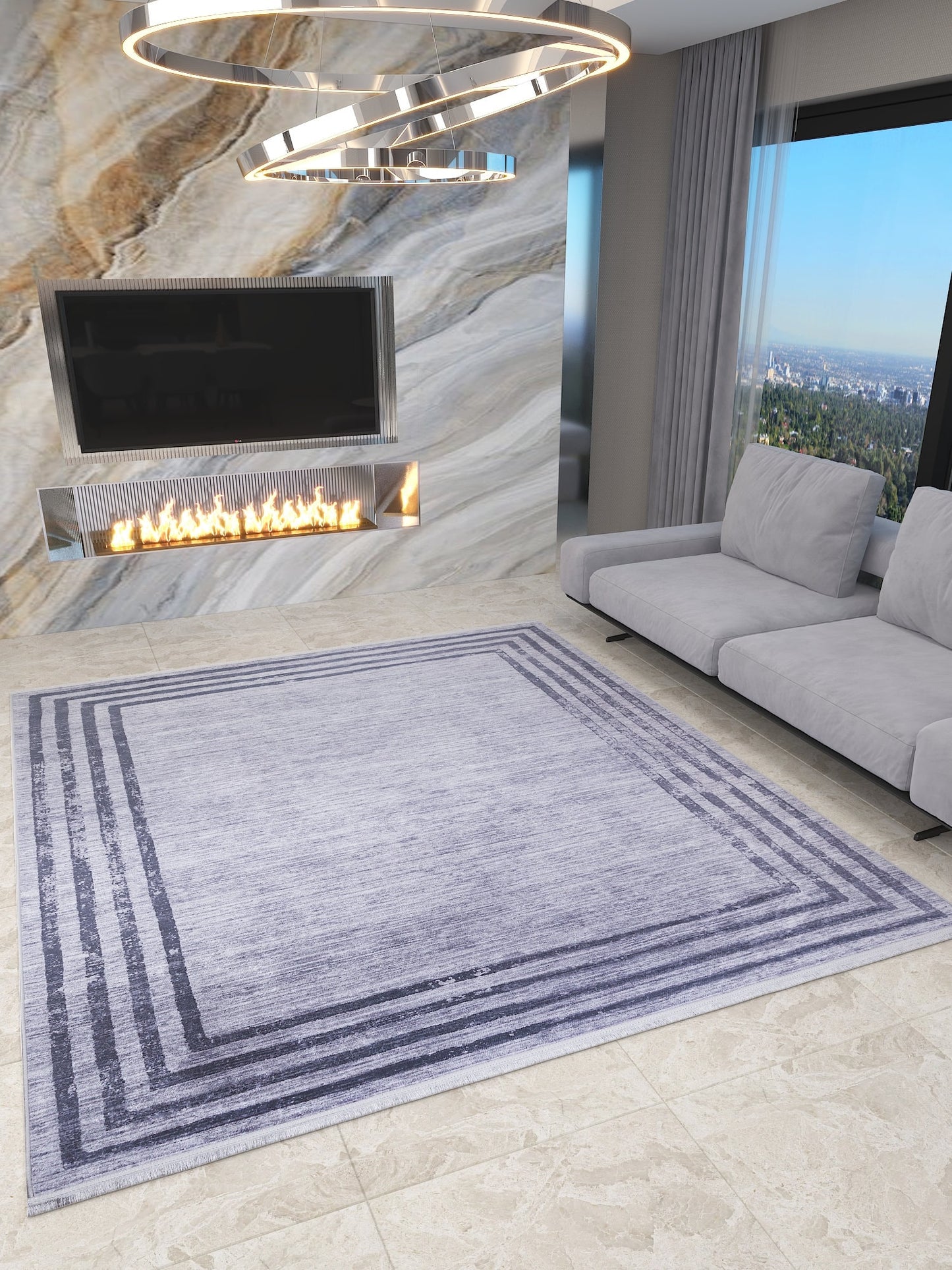Modern Distressed Border Area Rug, Gray Charcoal Fringed Carpet, Washable Thin Living Room Rug