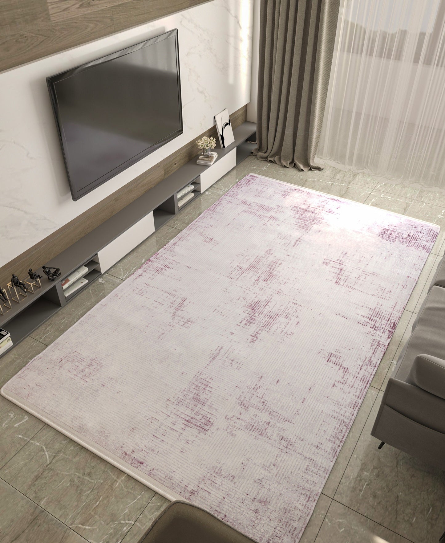 Distressed White Pink Vintage Style Area Rug, Modern Minimalist Carpet