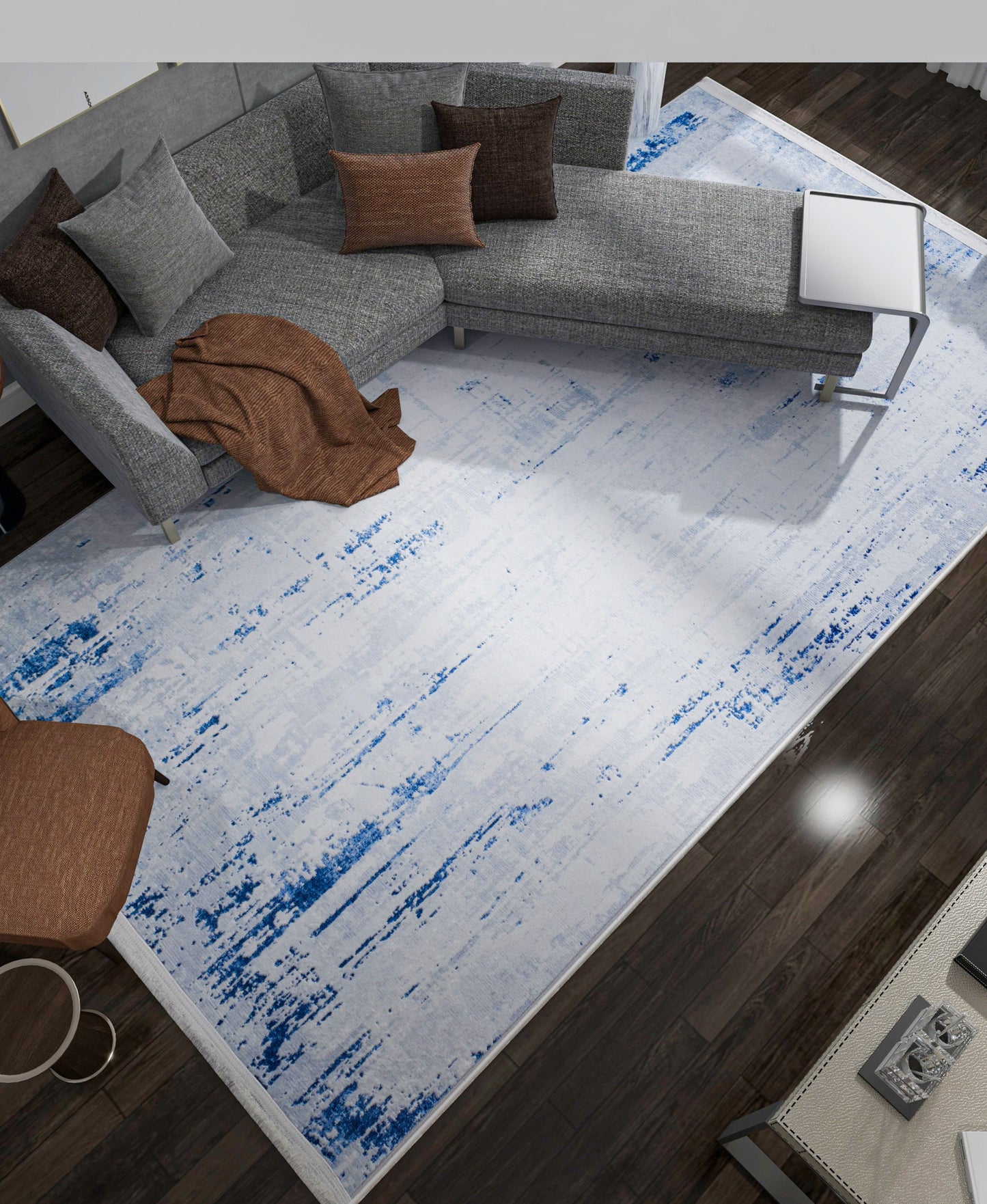 Washable Abstract Blue Watercolor Rug • Distressed Modern Carpet, Easy Clean Non-Slip