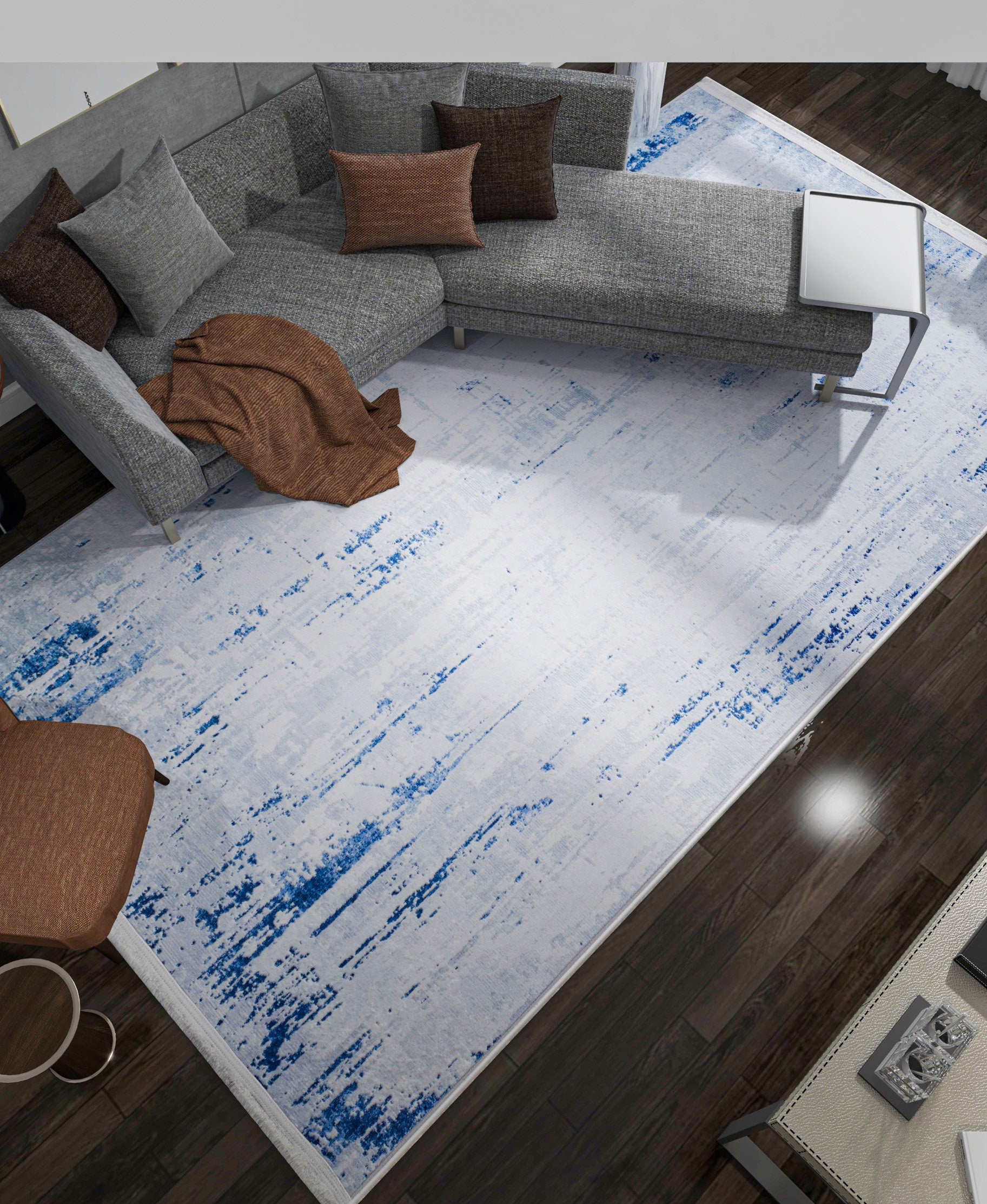 Washable Abstract Blue Watercolor Rug • Distressed Modern Carpet, Easy Clean Non-Slip