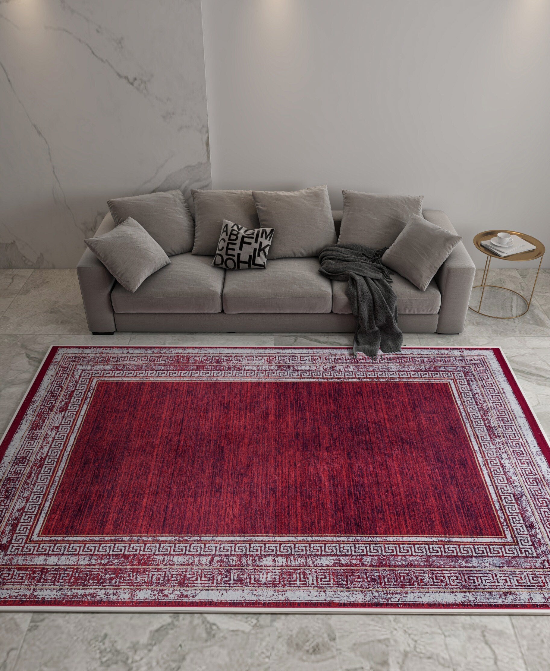 Distressed Red Greek Key Area Rug | Crimson Oriental Carpet, Meander Border