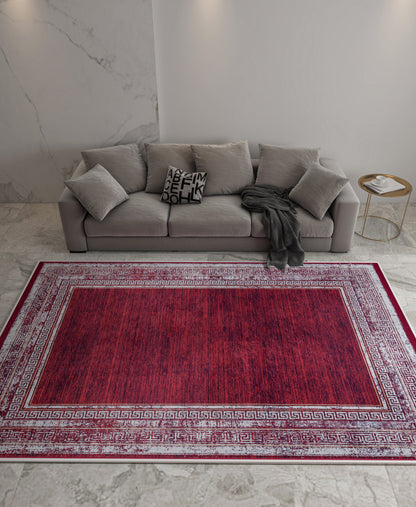 Distressed Red Greek Key Area Rug | Crimson Oriental Carpet, Meander Border