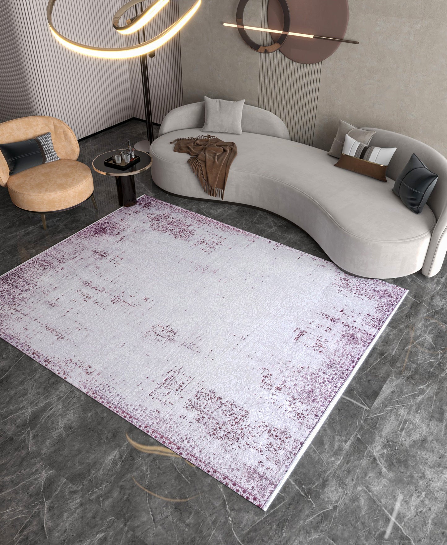 Distressed Lavender Medallion Rug – Washable, Low Pile Area Carpet (Pet-Friendly)