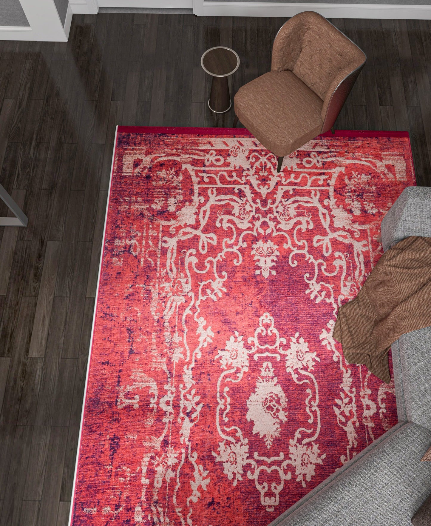 Red Distressed Medallion Rug, Bohemian Persian Style Living Room Carpet, Washable Floor Decor