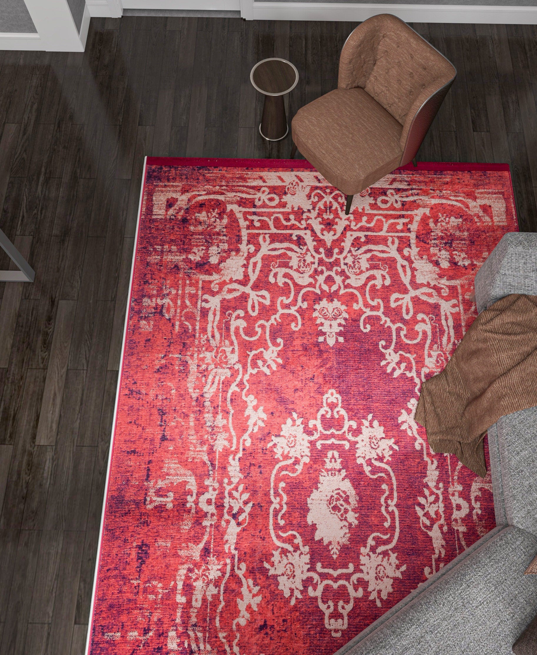 Red Distressed Medallion Rug, Bohemian Persian Style Living Room Carpet, Washable Floor Decor