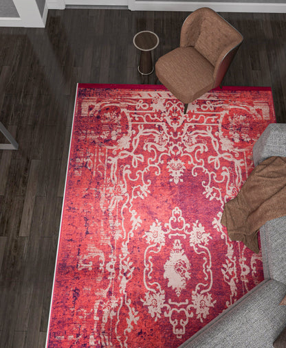 Red Distressed Medallion Rug, Bohemian Persian Style Living Room Carpet, Washable Floor Decor