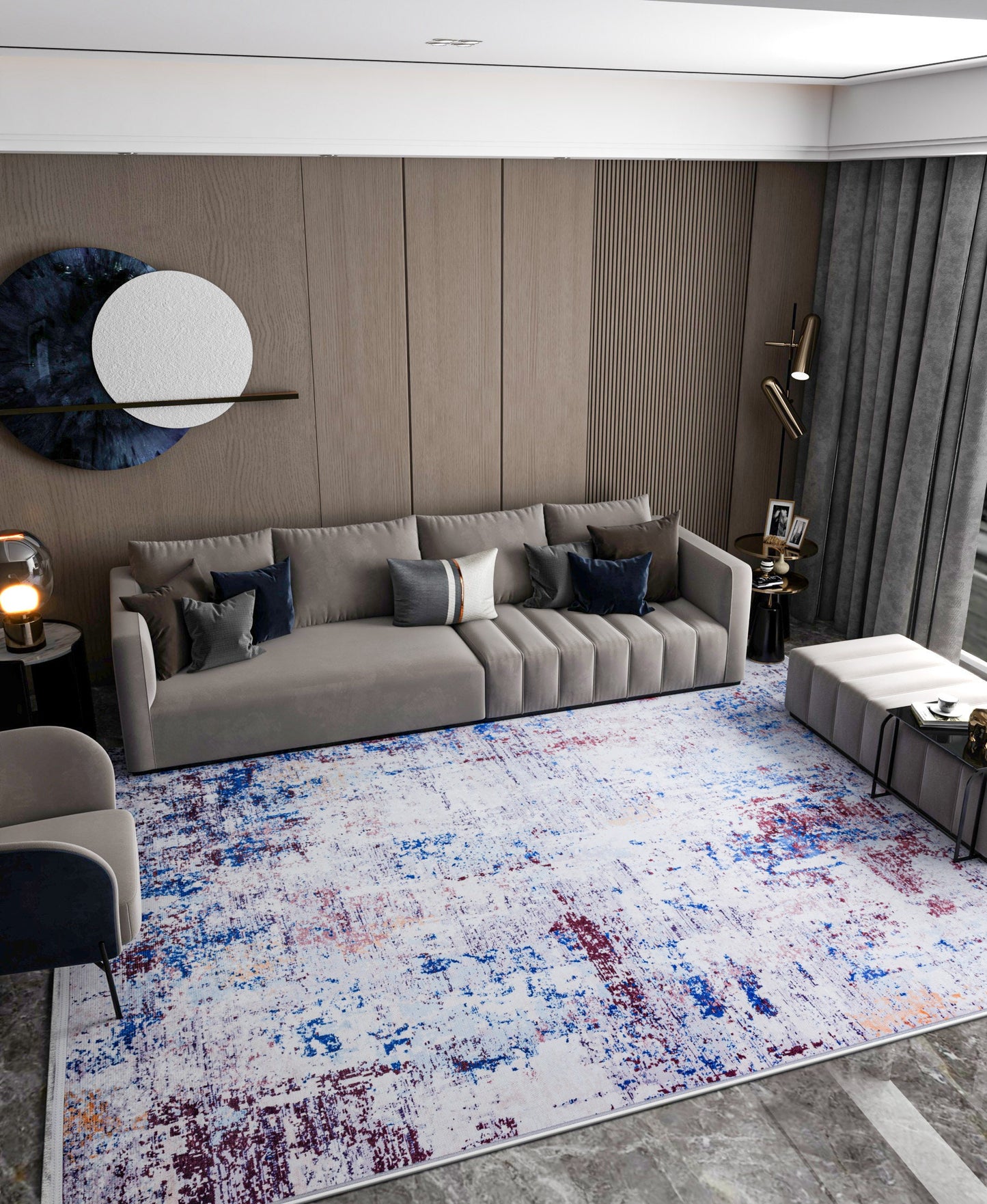 Distressed Abstract Area Rug – Blue, Burgundy, Cream Boho Carpet – Washable Low Pile Floor Mat