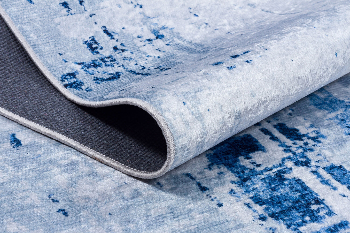 Washable Abstract Blue Watercolor Rug • Distressed Modern Carpet, Easy Clean Non-Slip