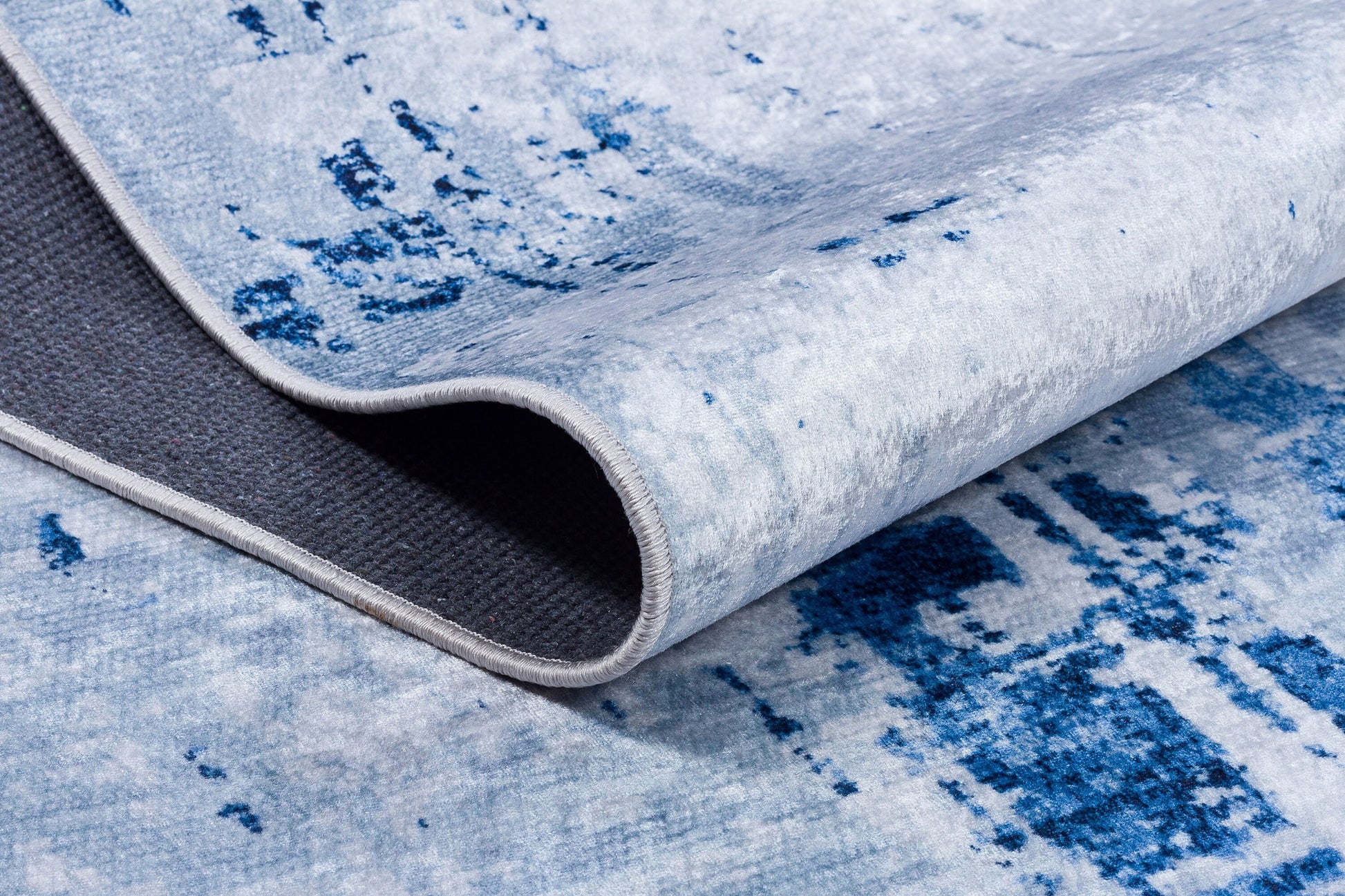 Washable Abstract Blue Watercolor Rug • Distressed Modern Carpet, Easy Clean Non-Slip