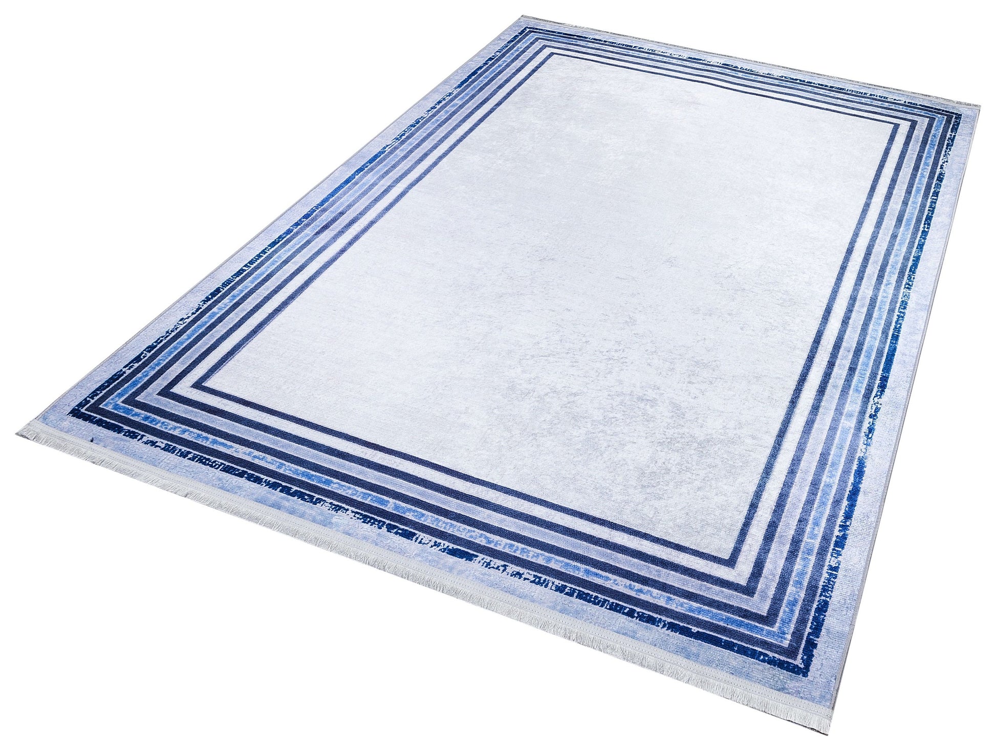 Modern Blue Border Washable Area Rug – Distressed Gray Carpet, Coastal Farmhouse Decor