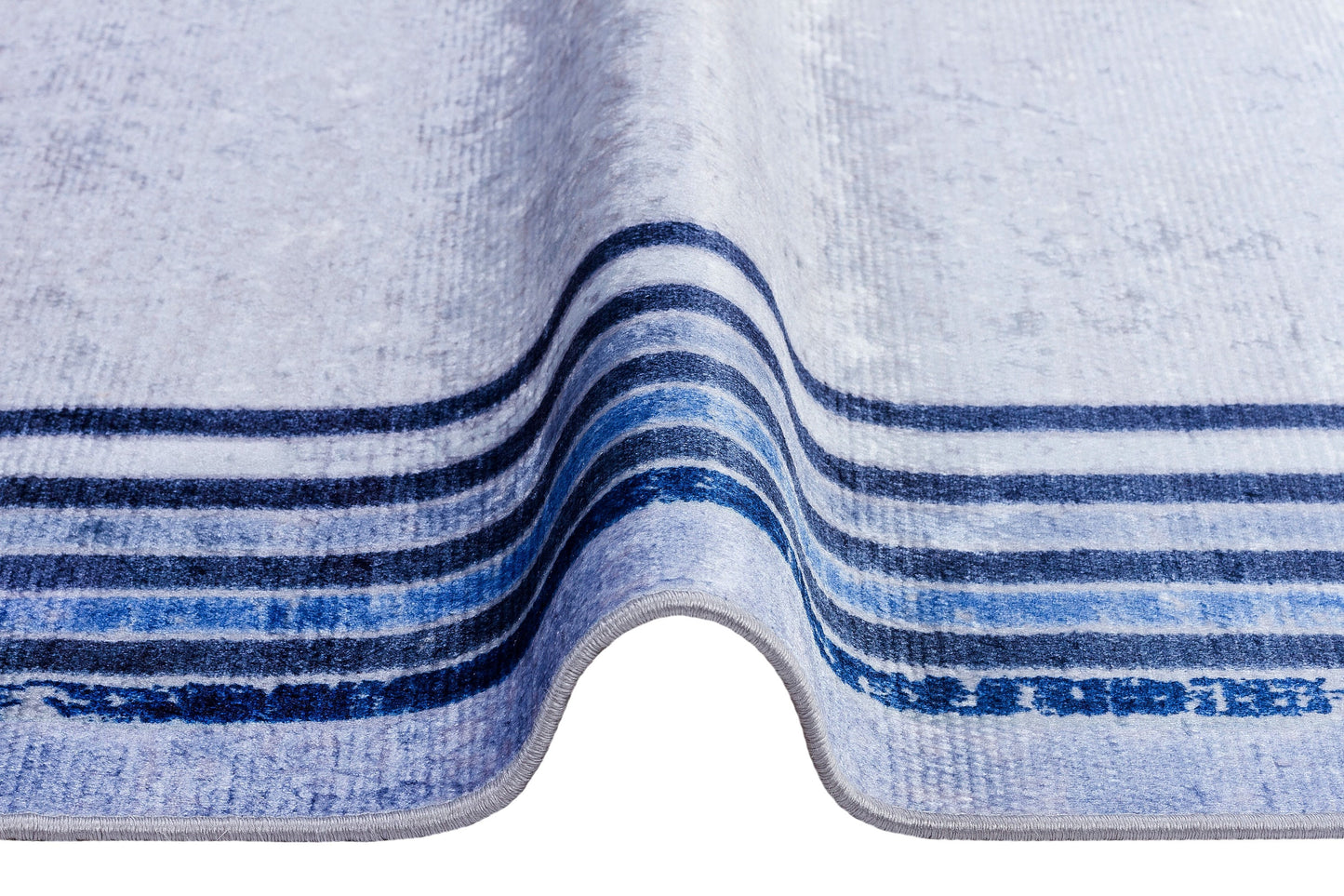 Modern Blue Border Washable Area Rug – Distressed Gray Carpet, Coastal Farmhouse Decor