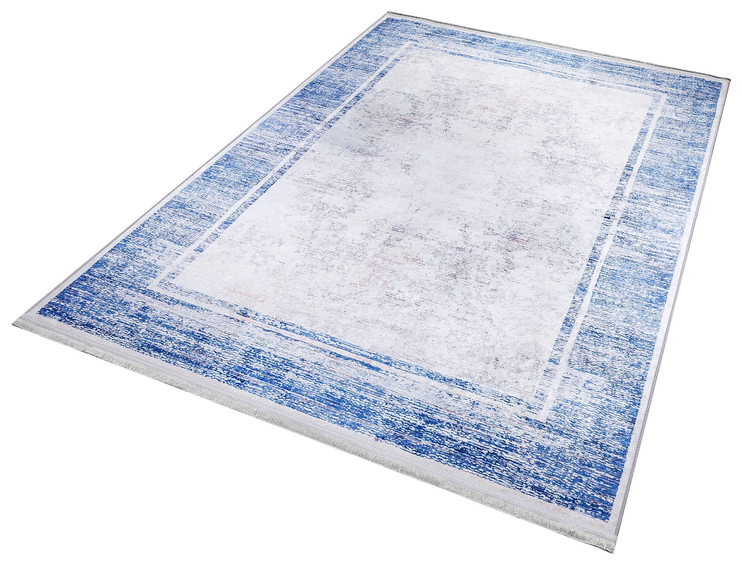 Distressed Blue Border Area Rug, Minimalist Scandinavian Living Room Carpet