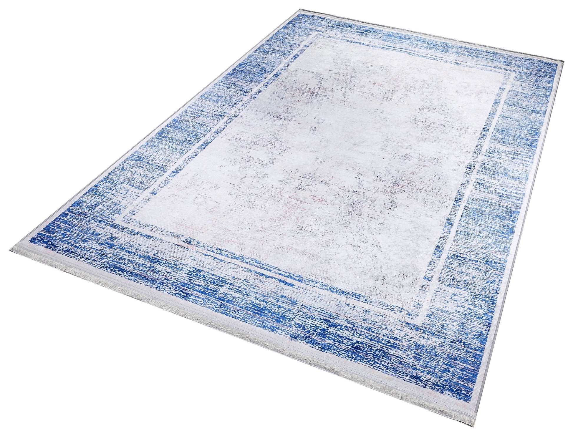 Distressed Blue Border Area Rug, Minimalist Scandinavian Living Room Carpet
