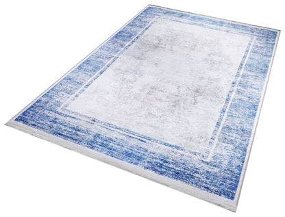 Distressed Blue Border Area Rug, Minimalist Scandinavian Living Room Carpet