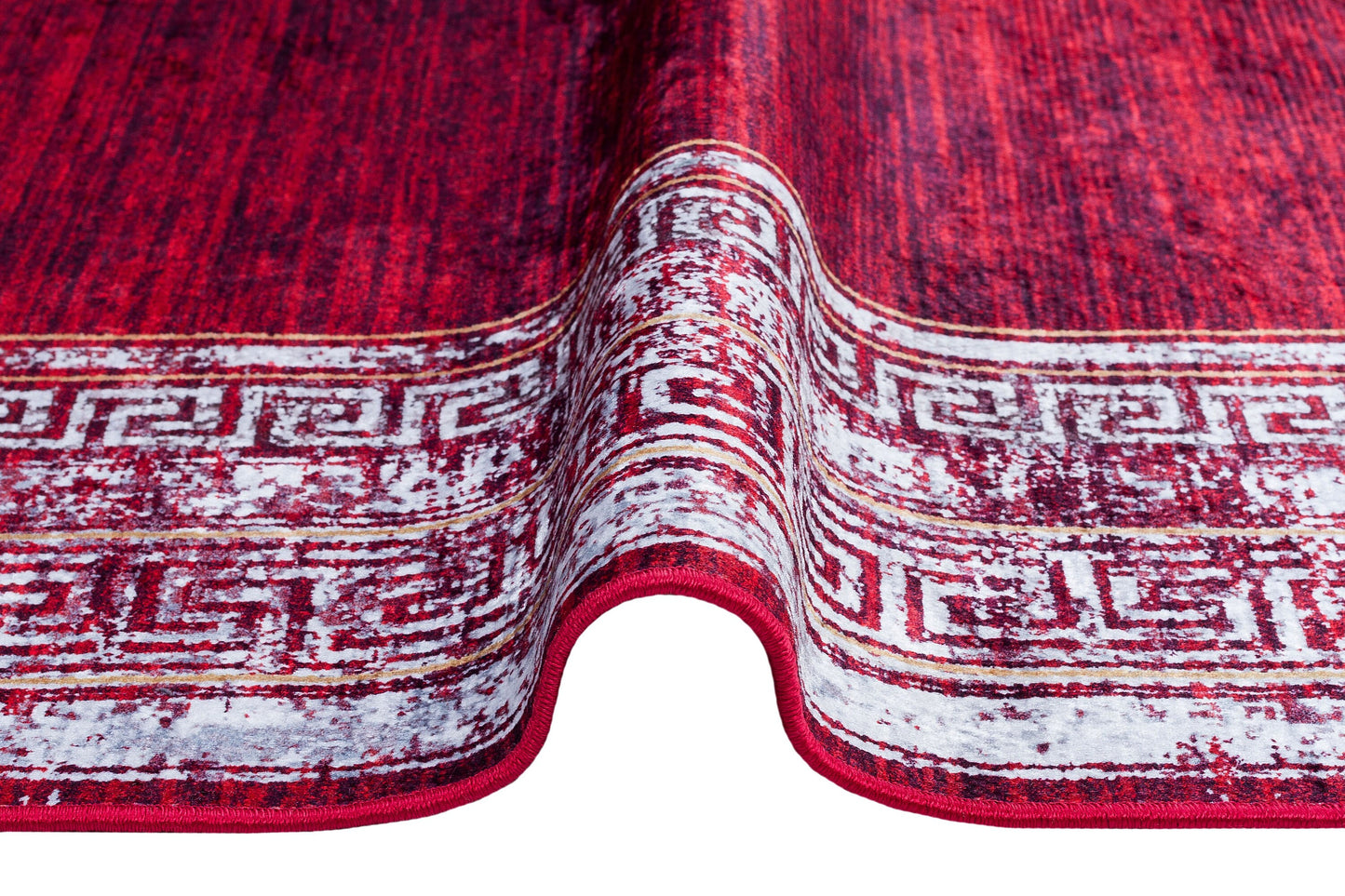 Distressed Red Greek Key Area Rug | Crimson Oriental Carpet, Meander Border