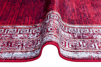 Distressed Red Greek Key Area Rug | Crimson Oriental Carpet, Meander Border