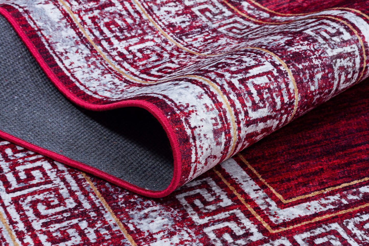 Distressed Red Greek Key Area Rug | Crimson Oriental Carpet, Meander Border