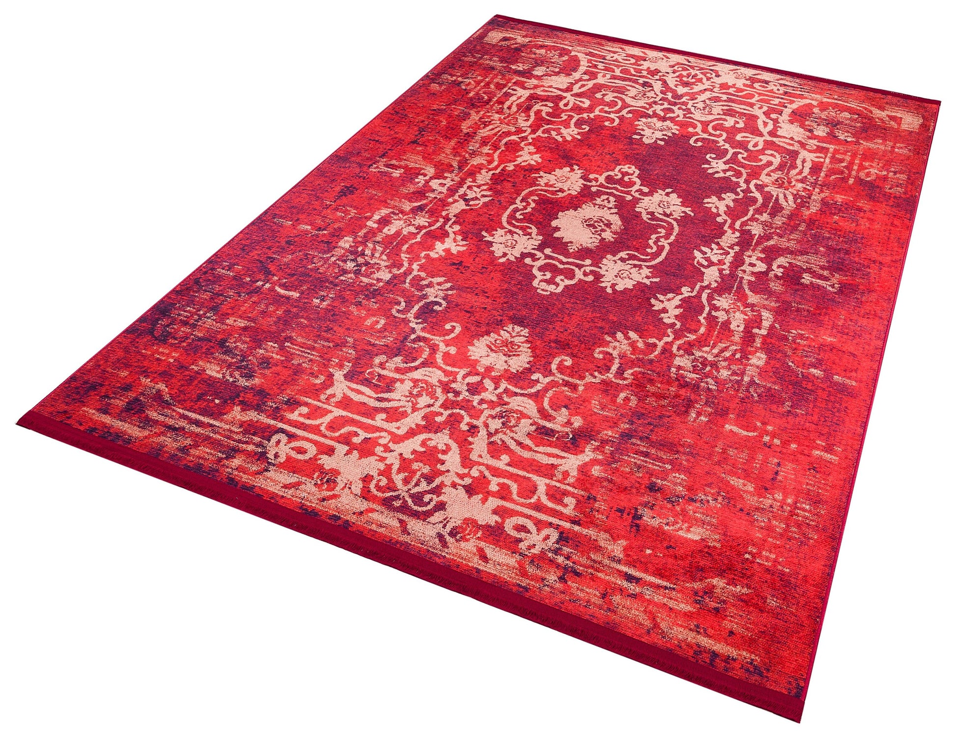 Red Distressed Medallion Rug, Bohemian Persian Style Living Room Carpet, Washable Floor Decor
