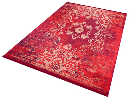 Red Distressed Medallion Rug, Bohemian Persian Style Living Room Carpet, Washable Floor Decor