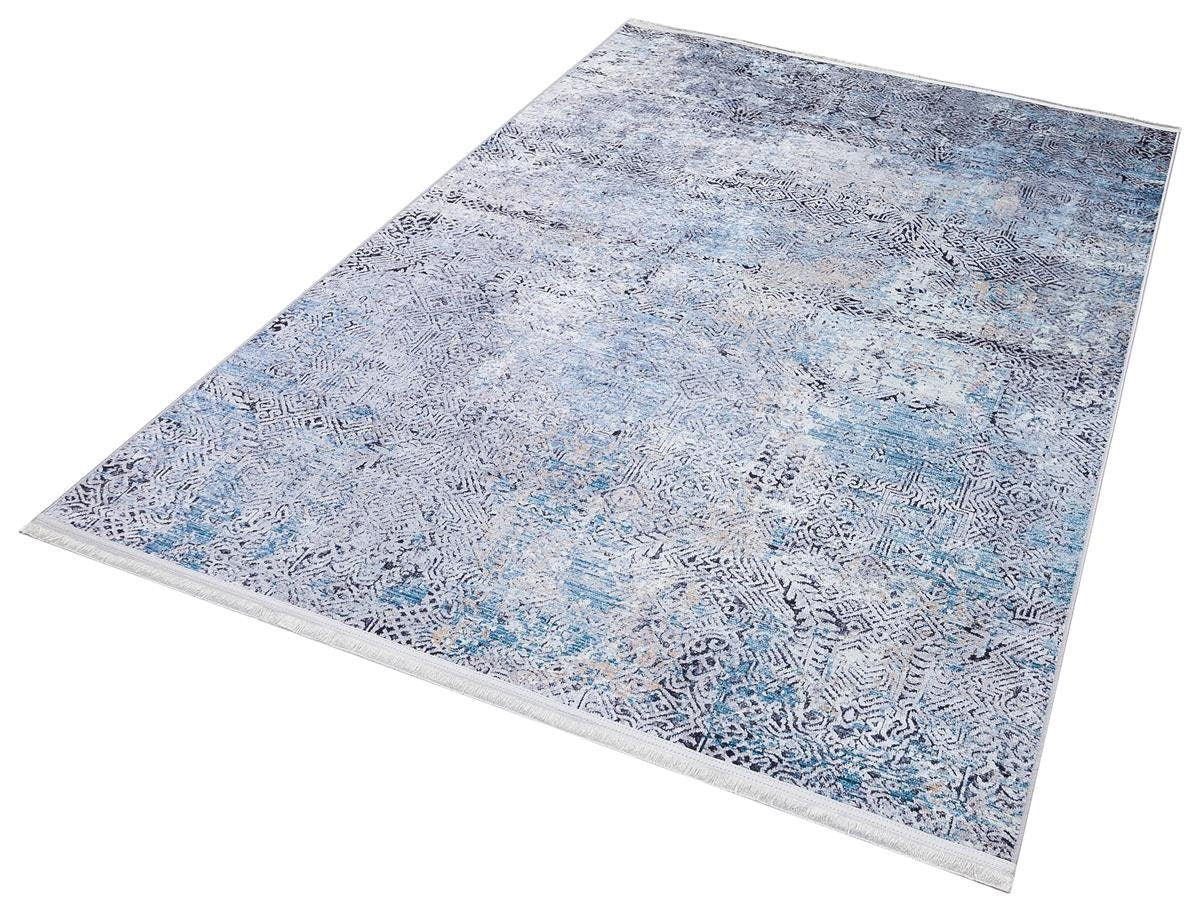 Distressed Blue Silver Abstract Area Rug, Modern Boho Faded Living Room Carpet