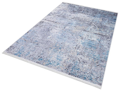 Distressed Blue Silver Abstract Area Rug, Modern Boho Faded Living Room Carpet