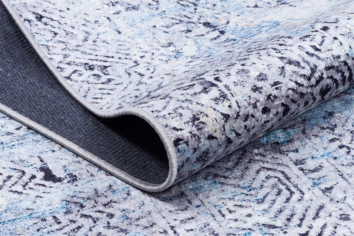 Distressed Blue Silver Abstract Area Rug, Modern Boho Faded Living Room Carpet