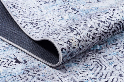 Distressed Blue Silver Abstract Area Rug, Modern Boho Faded Living Room Carpet