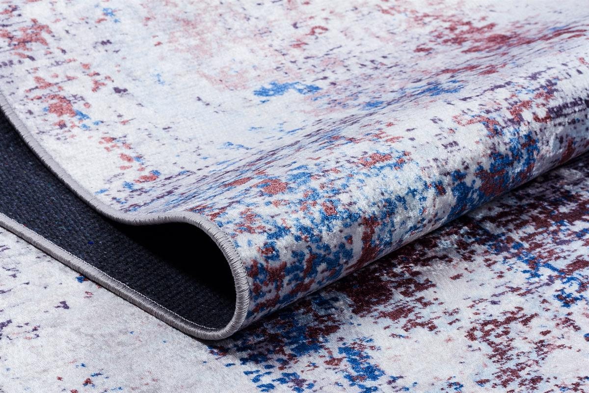 Distressed Abstract Area Rug – Blue, Burgundy, Cream Boho Carpet – Washable Low Pile Floor Mat