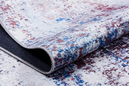 Distressed Abstract Area Rug – Blue, Burgundy, Cream Boho Carpet – Washable Low Pile Floor Mat