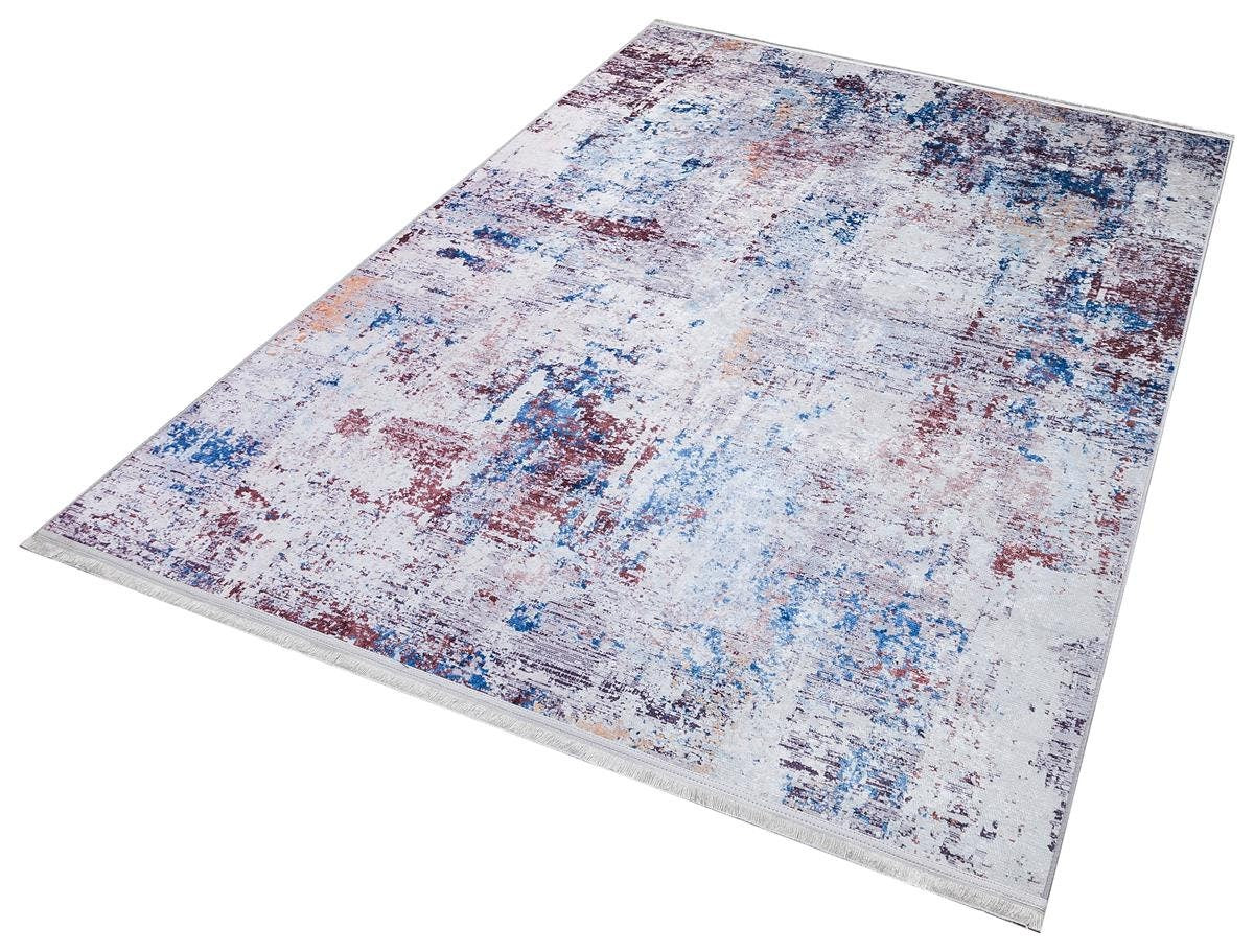 Distressed Abstract Area Rug – Blue, Burgundy, Cream Boho Carpet – Washable Low Pile Floor Mat