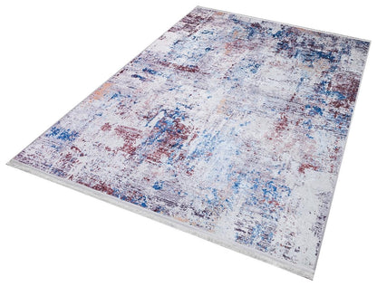 Distressed Abstract Area Rug – Blue, Burgundy, Cream Boho Carpet – Washable Low Pile Floor Mat