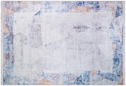 Distressed Abstract Geometric Area Rug – Blue Terracotta Boho Living Room Carpet