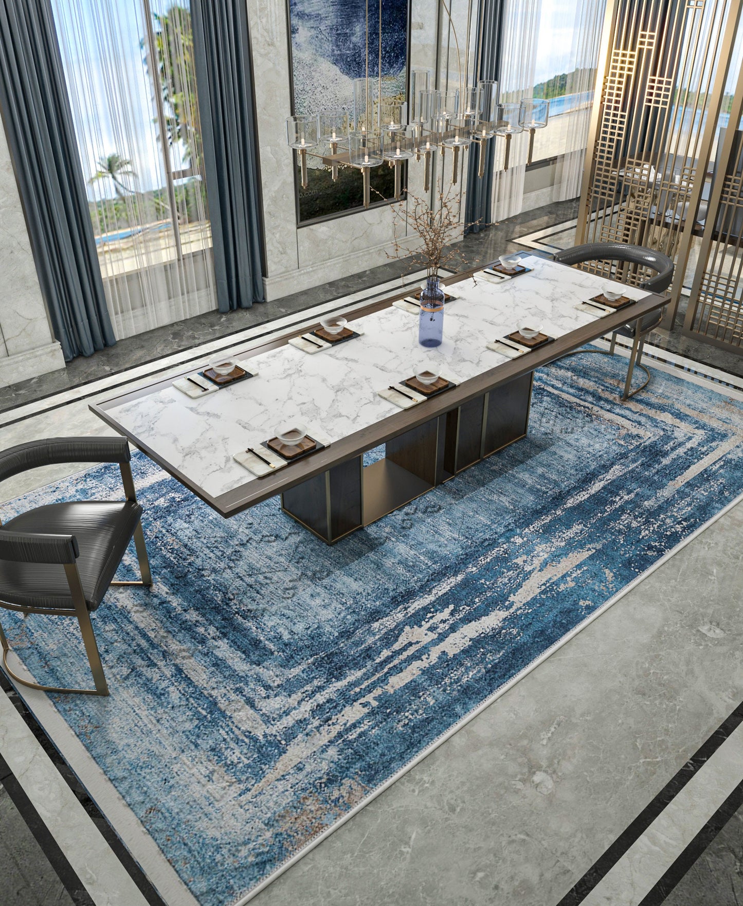 Distressed Blue Abstract Area Rug – Coastal Washable Carpet, Kid/Pet Friendly