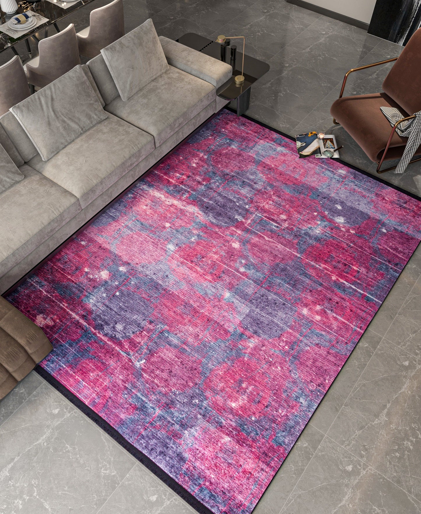Washable Abstract Area Rug – Moody Purple Magenta Distressed Boho Home Decor