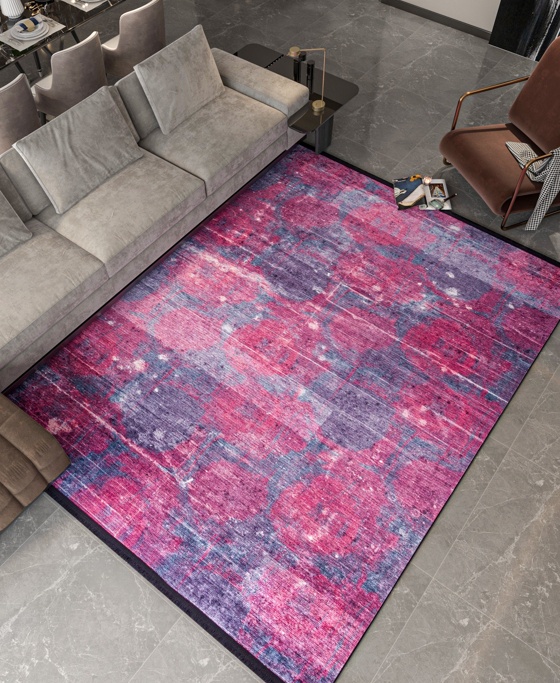 Washable Abstract Area Rug – Moody Purple Magenta Distressed Boho Home Decor
