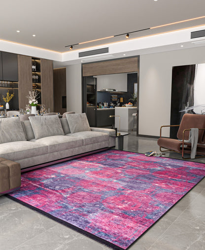 Washable Abstract Area Rug – Moody Purple Magenta Distressed Boho Home Decor