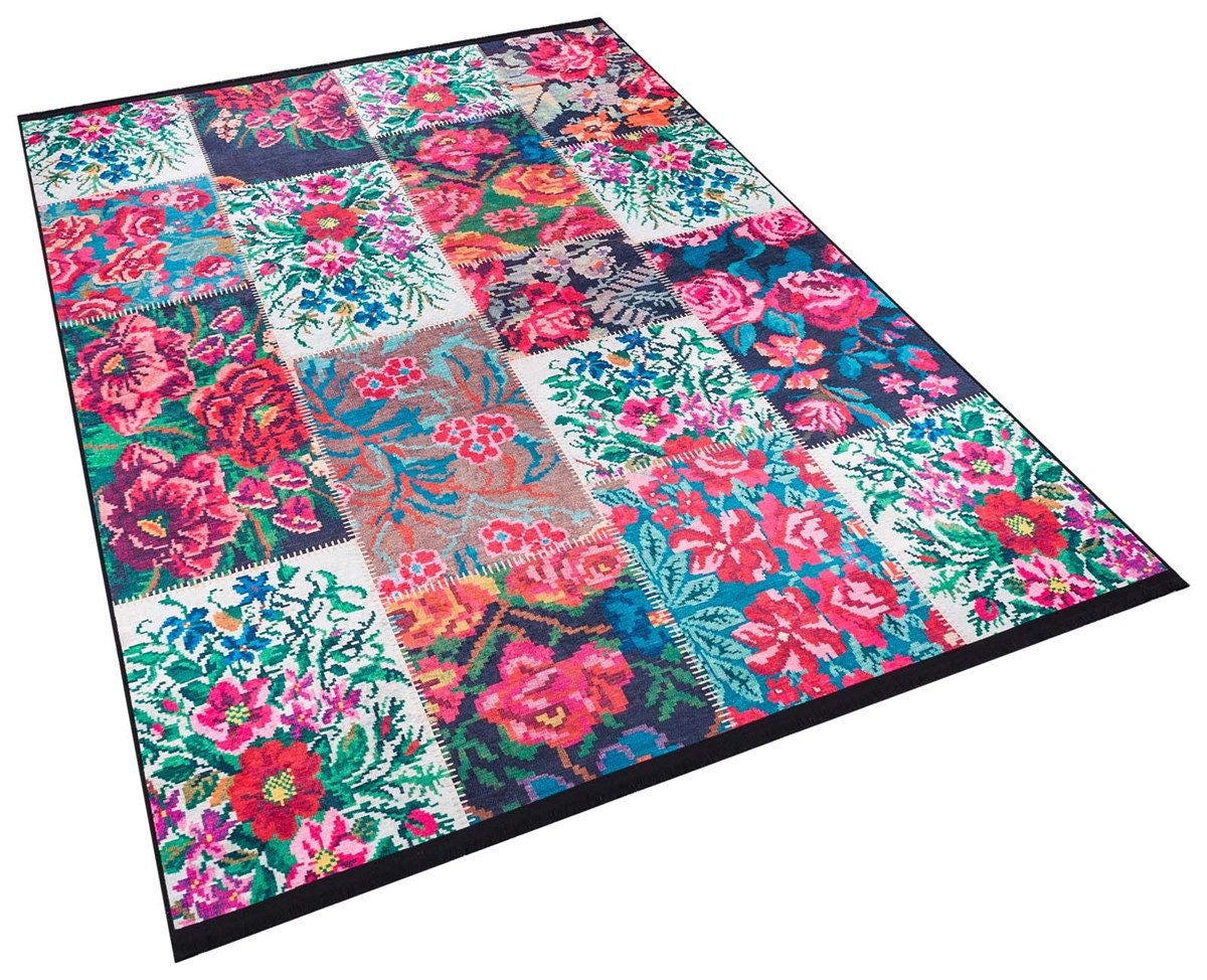 Red Floral Patchwork Rug – Washable Bohemian Area Rug – Vintage Style Living Room Carpet