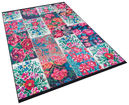 Red Floral Patchwork Rug – Washable Bohemian Area Rug – Vintage Style Living Room Carpet