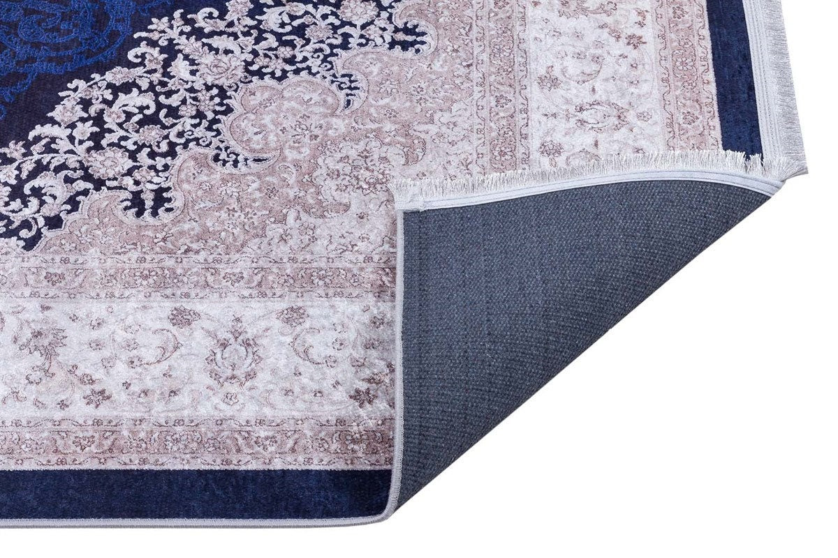 Navy Blue Ivory Oriental Medallion Area Rug, Distressed Persian Style Carpet