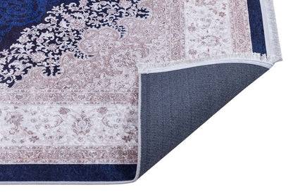 Navy Blue Ivory Oriental Medallion Area Rug, Distressed Persian Style Carpet