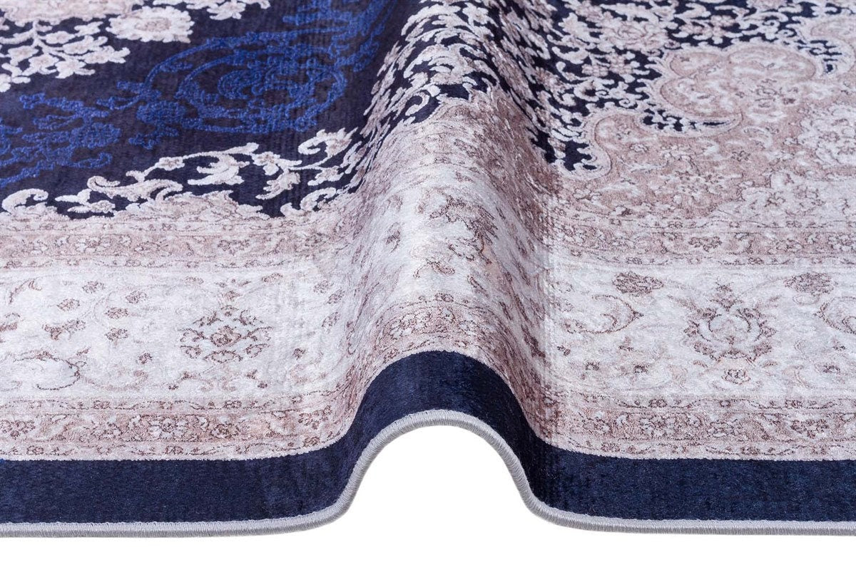 Navy Blue Ivory Oriental Medallion Area Rug, Distressed Persian Style Carpet