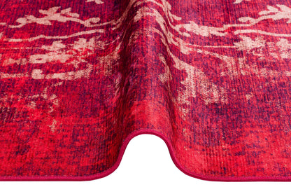 Red Distressed Medallion Rug, Bohemian Persian Style Living Room Carpet, Washable Floor Decor