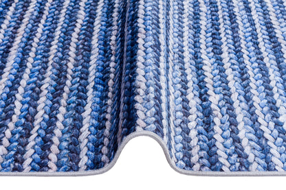 Washable Blue Striped Area Rug, Modern Scandinavian Carpet, Farmhouse Bedroom Mat