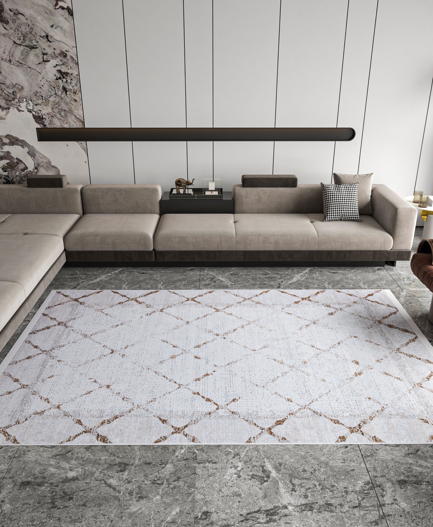 Distressed Trellis Area Rug, Washable Boho Scandi Decor Carpet