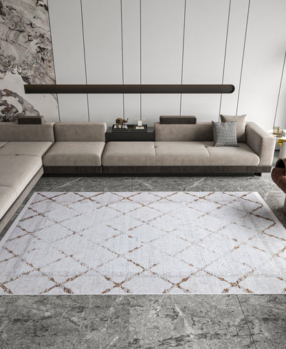 Distressed Trellis Area Rug, Washable Boho Scandi Decor Carpet